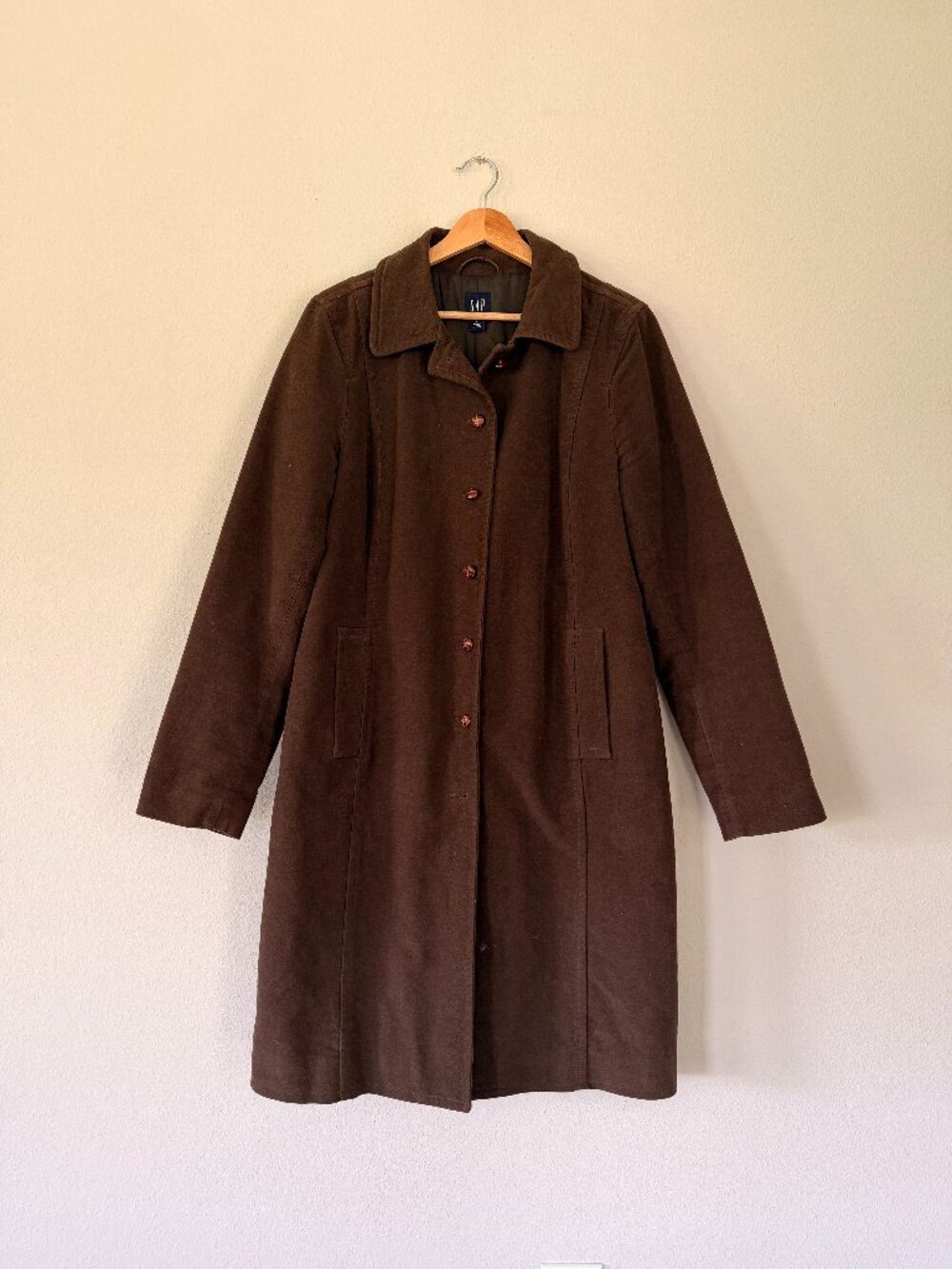 Vintage Gap Brown Long Coat Leather Button Details Minimalist Midi Coat